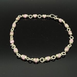 Mexico 925 Sterling Silver Cat's Eye Pink Glass Bead Bracelet 8.25" READ